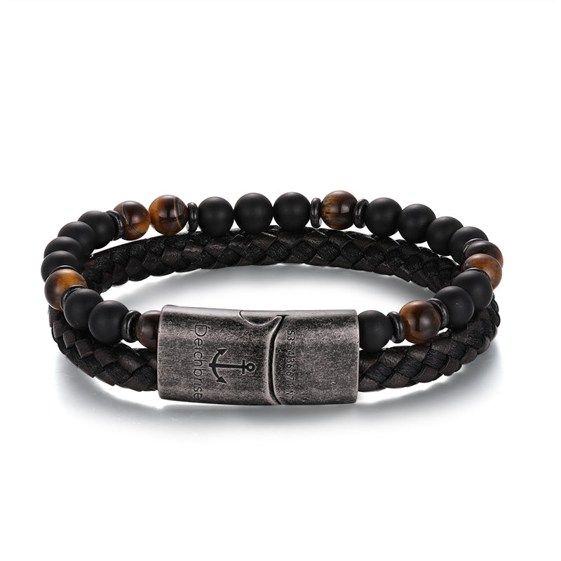 Pulseira Preto Praia Cabedal Onyx & Olho de Tigre