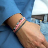 Pulseira Pellworm 2 Cabedal Corda Náutica Rosa Jade Quarz Kristall & Vermelho Netz Jaspis